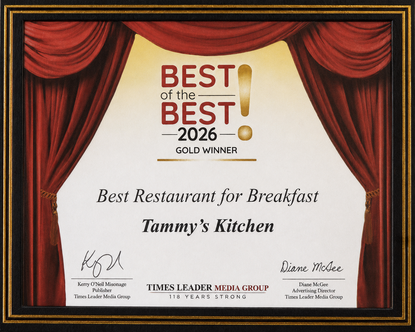 Best of the Best 2026 Gold Winner — Best Restaurant for Breakfast, awarded to Tammy's Kitchen by Times Leader Media Group